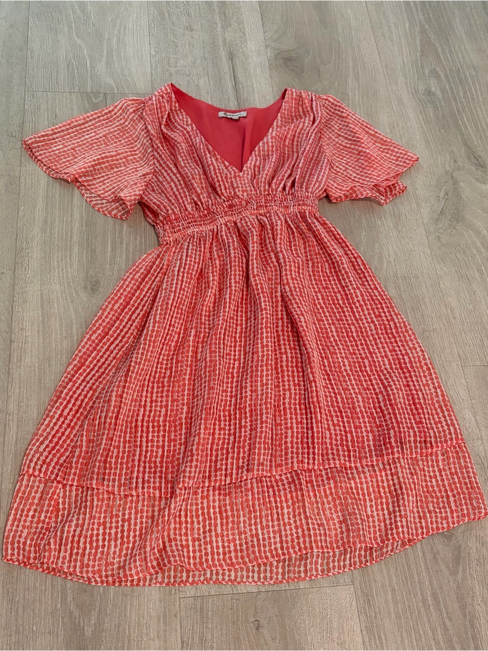 BCBG Coral Pink Printed V‑Neck Mini Dress